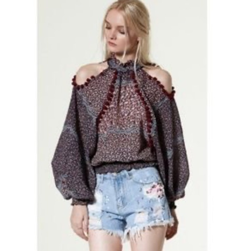 Storets pom pom cold shoulder balloon sleeve blouse top smocked neck and waist